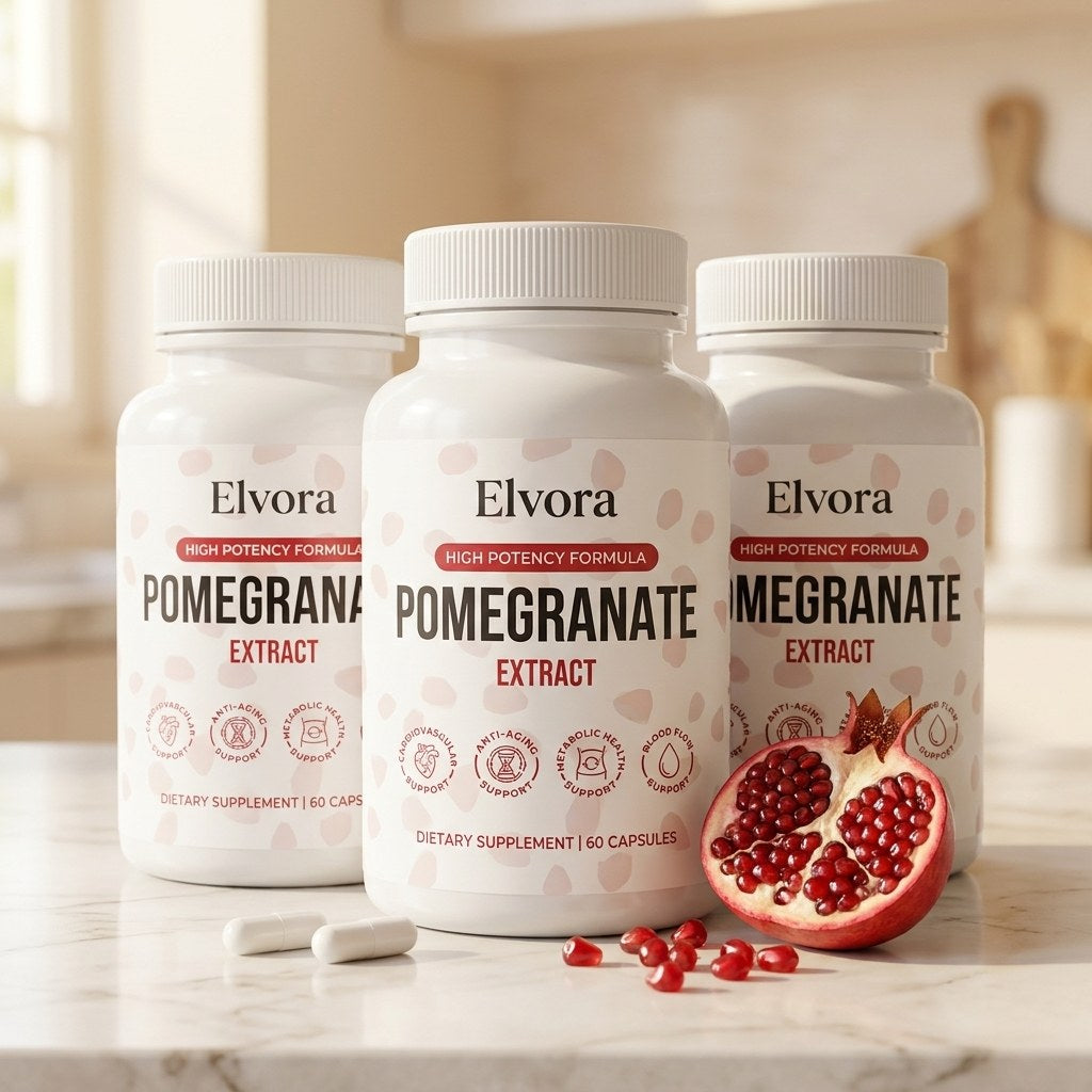 Three bottles of Elvora Pomegranate Extract
