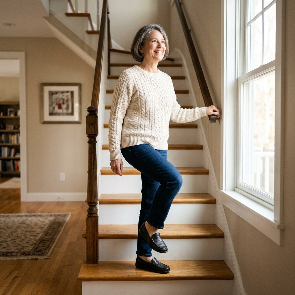 Woman climbing stairs at home