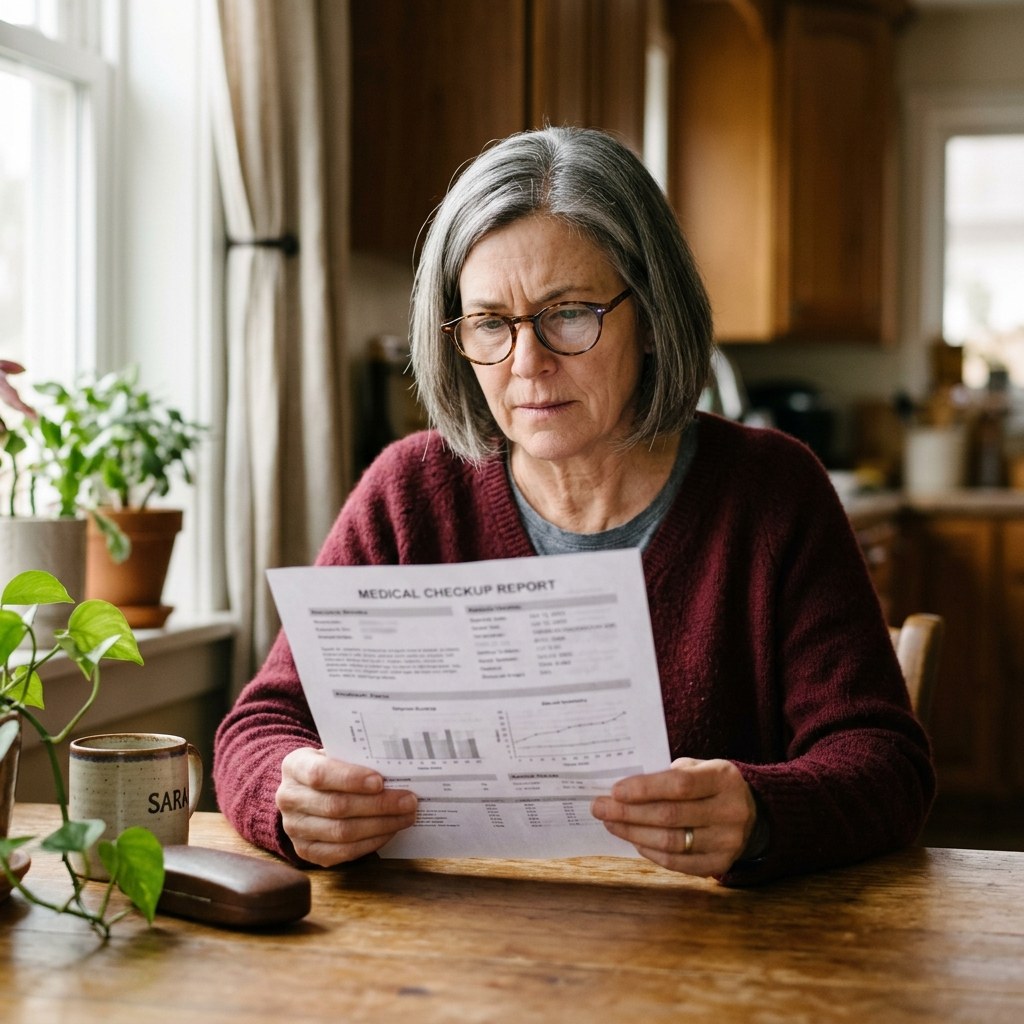 Woman in her 50s reviewing her checkup results at the kitchen table